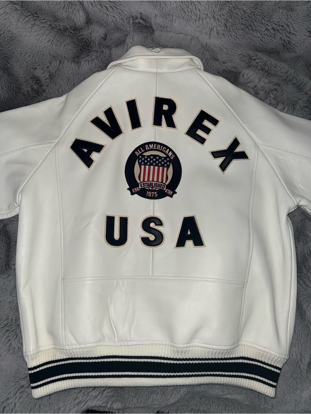 Avirex White Leather Bomber Jacket with Black USA Patch